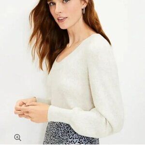 NWT LOFT Puff Long Sleeve 100% Cotton Ribbed V-Neck Sweater in oatmeal Size M